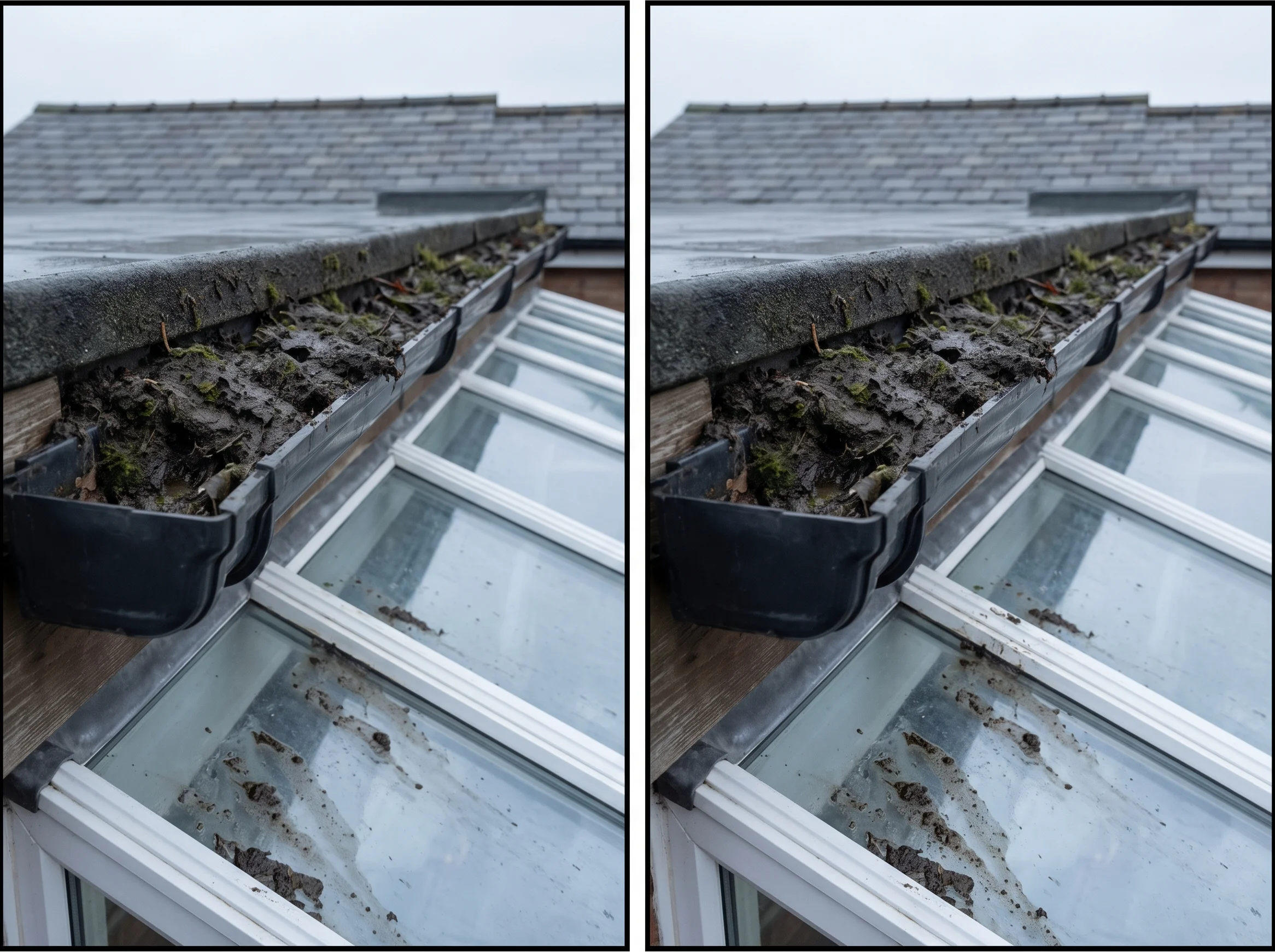 An ogee gutter above a conservatory filled to the brim with black silt and pine needles