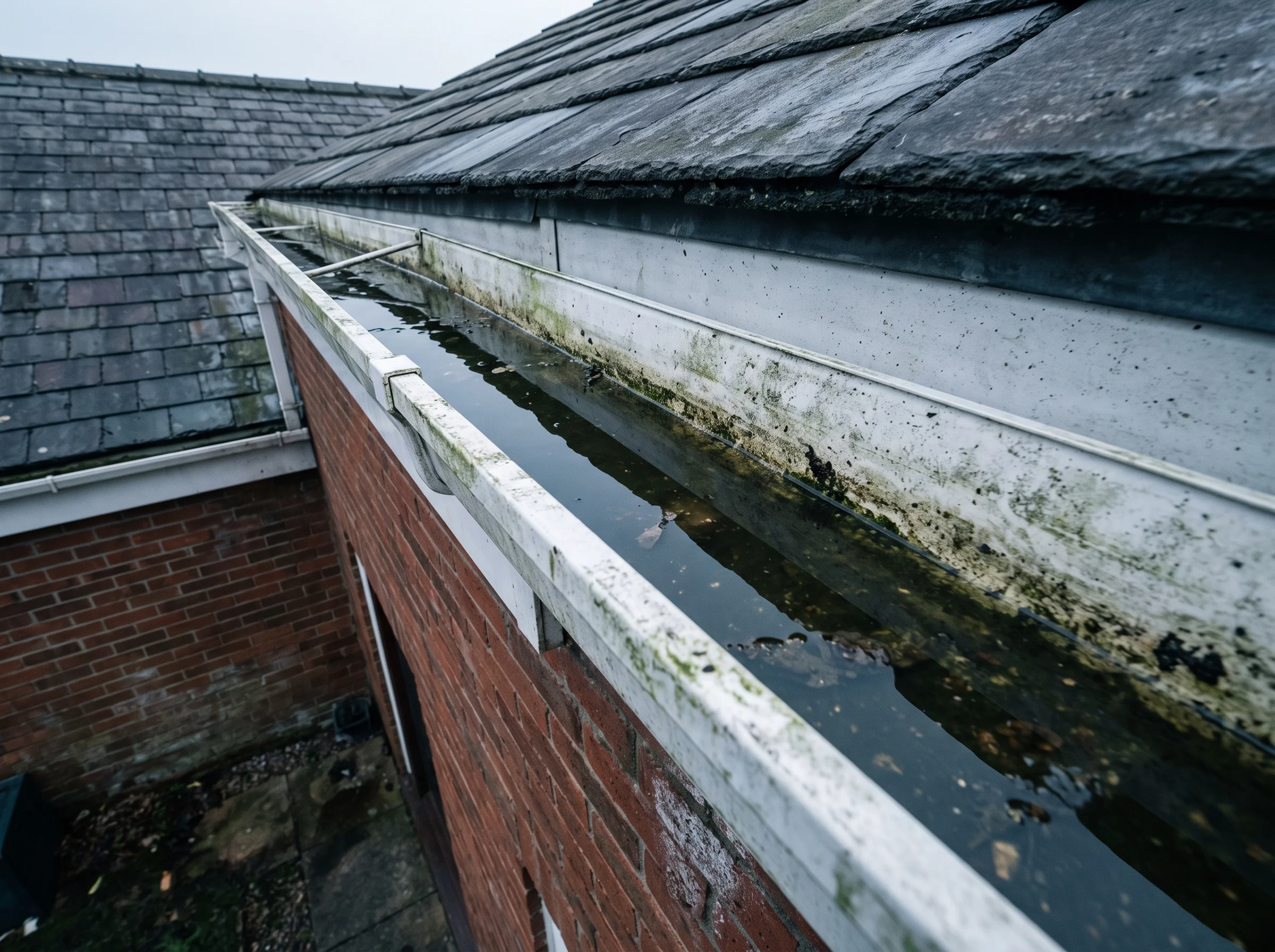 A long white uPVC gutter run holding standing grey water dammed by moss
