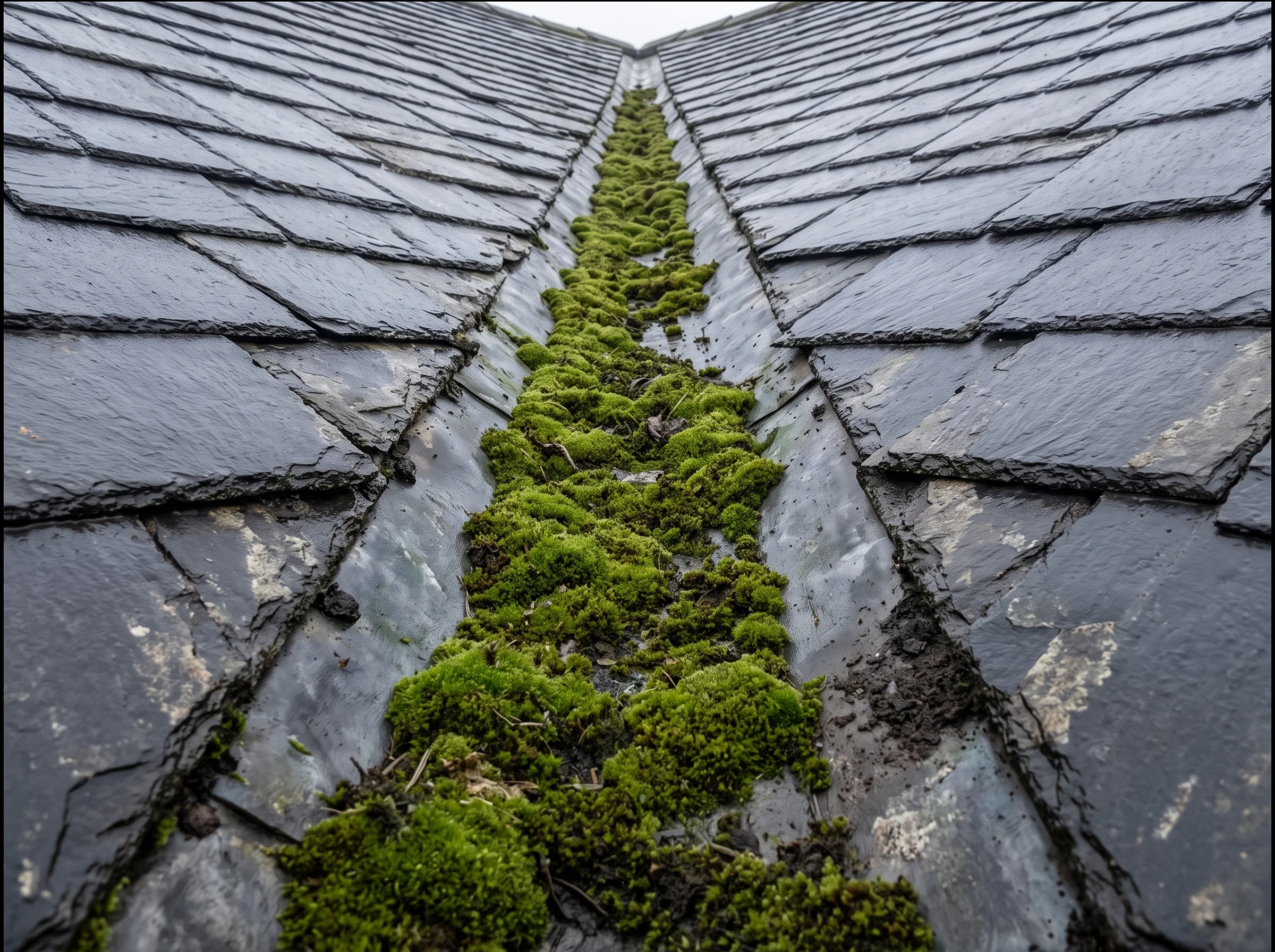 A lead-lined valley gutter between slate pitches carpeted in deep moss and sludge