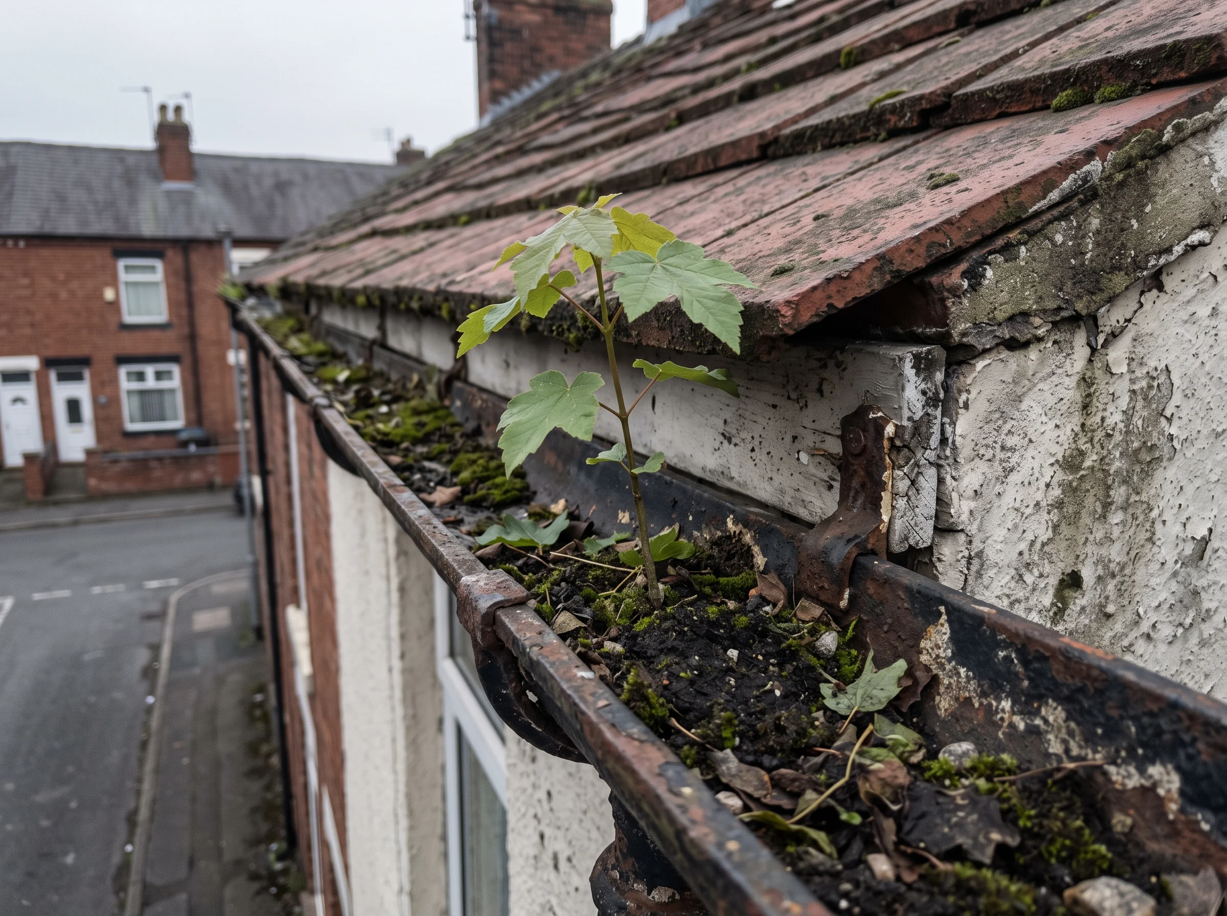 A self-seeded sapling growing from compacted soil in a brown uPVC gutter