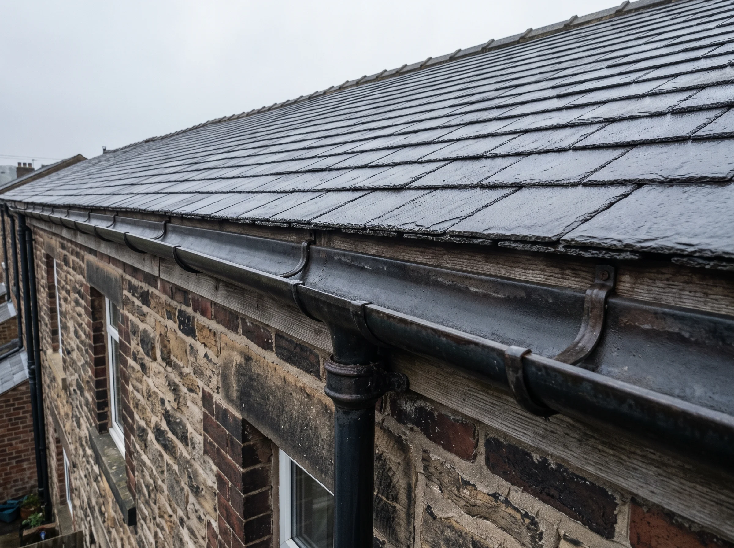 The same half-round cast-iron gutter cleared to a clean channel with the outlet open