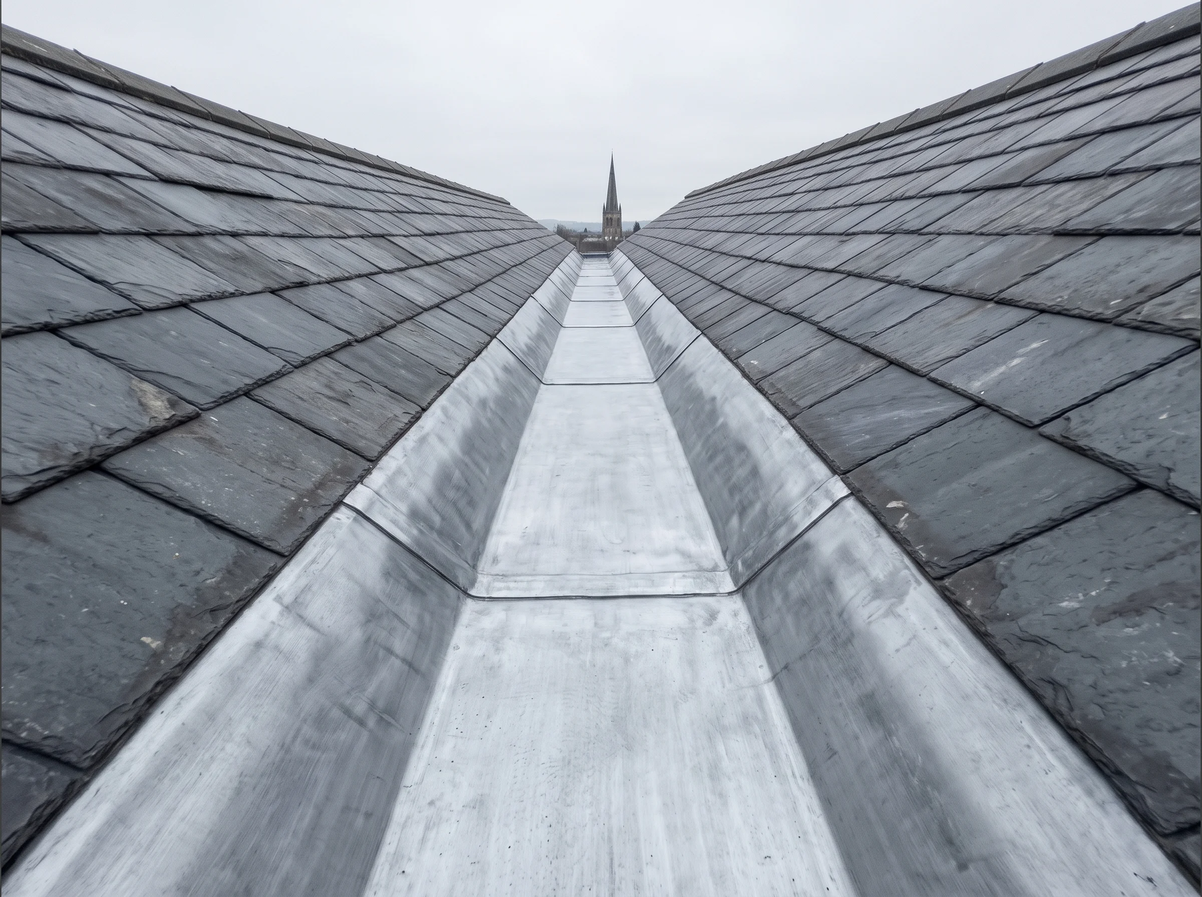 The same lead valley stripped clean to the metal with its seams visible