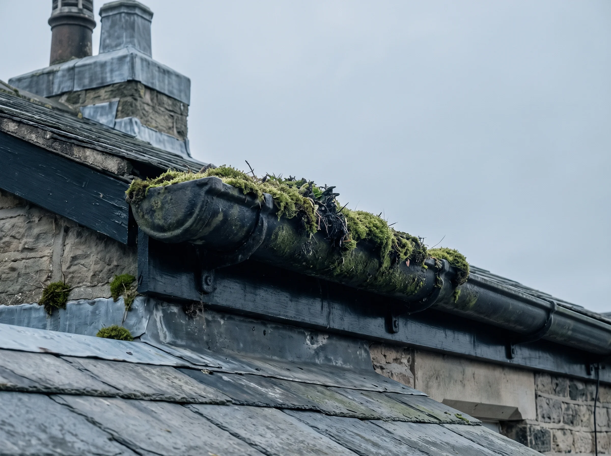 Half-round cast-iron gutter packed with saturated moss and leaf silt, outlet blocked