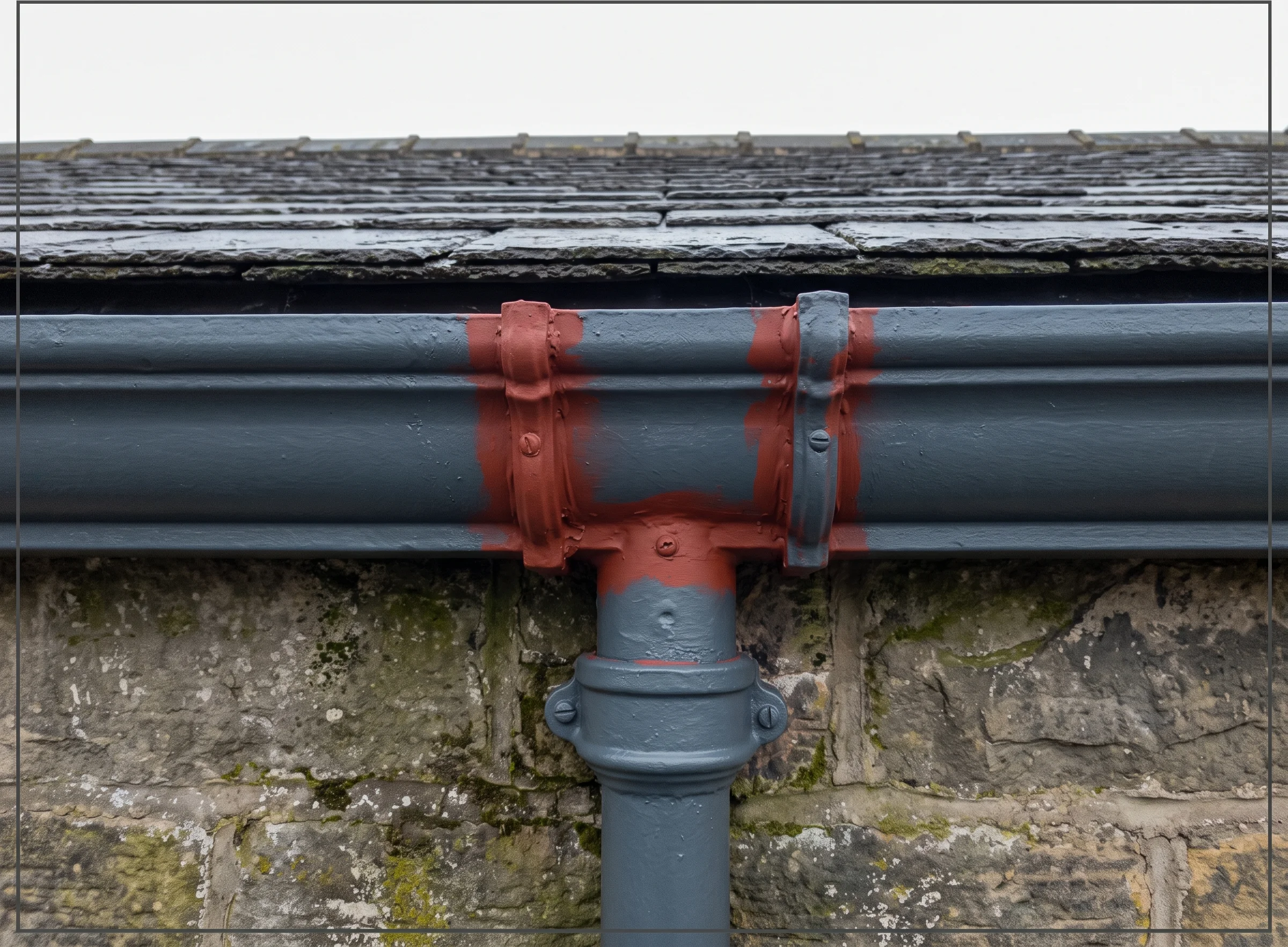 The same cast-iron ogee cleared and re-sealed, fresh red-oxide primer on the repaired joint