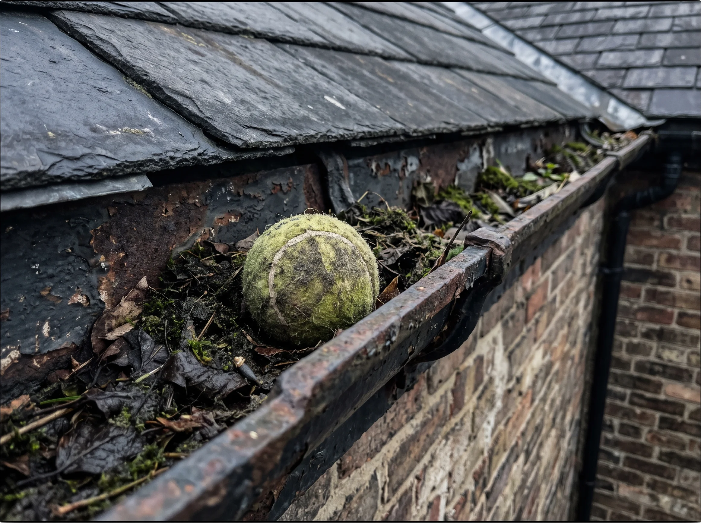 A Victorian cast-iron ogee gutter holding moss, silt and one faded tennis ball
