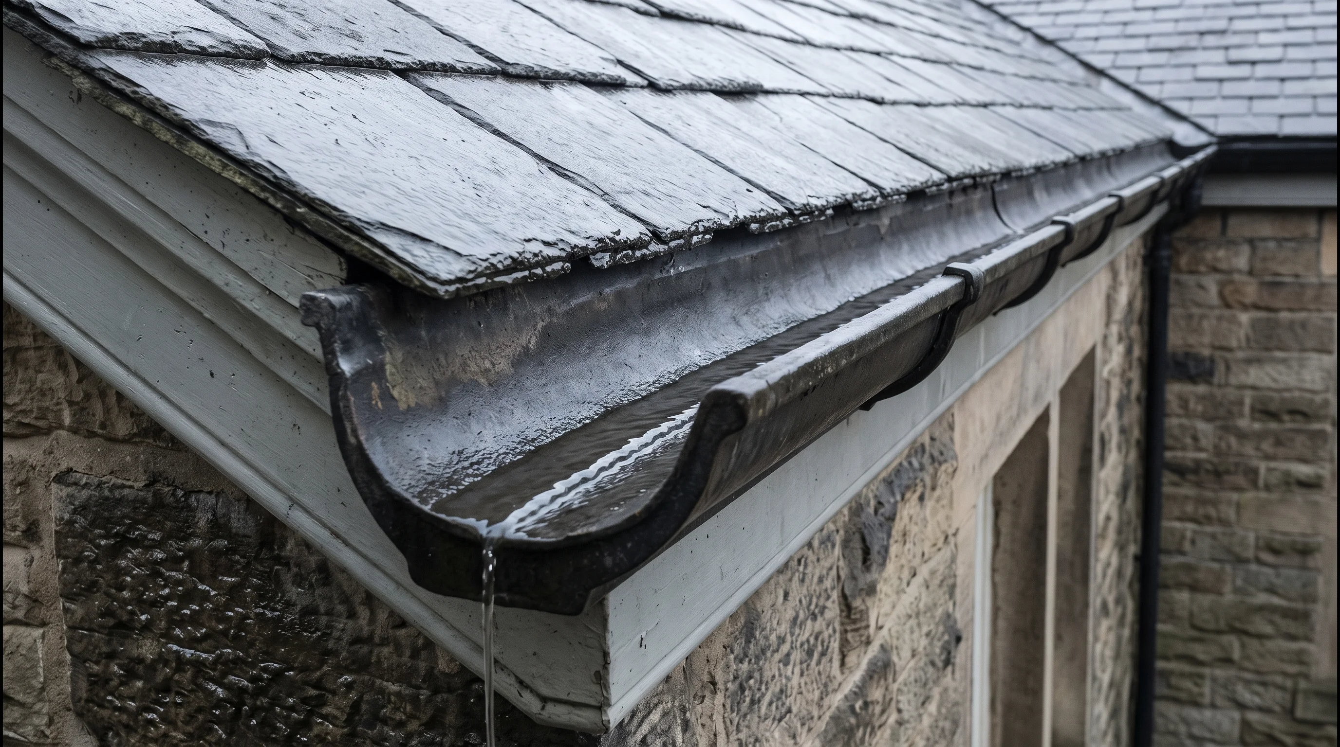 A freshly cleared cast-iron ogee gutter run at dusk, rainwater moving cleanly towards the downpipe