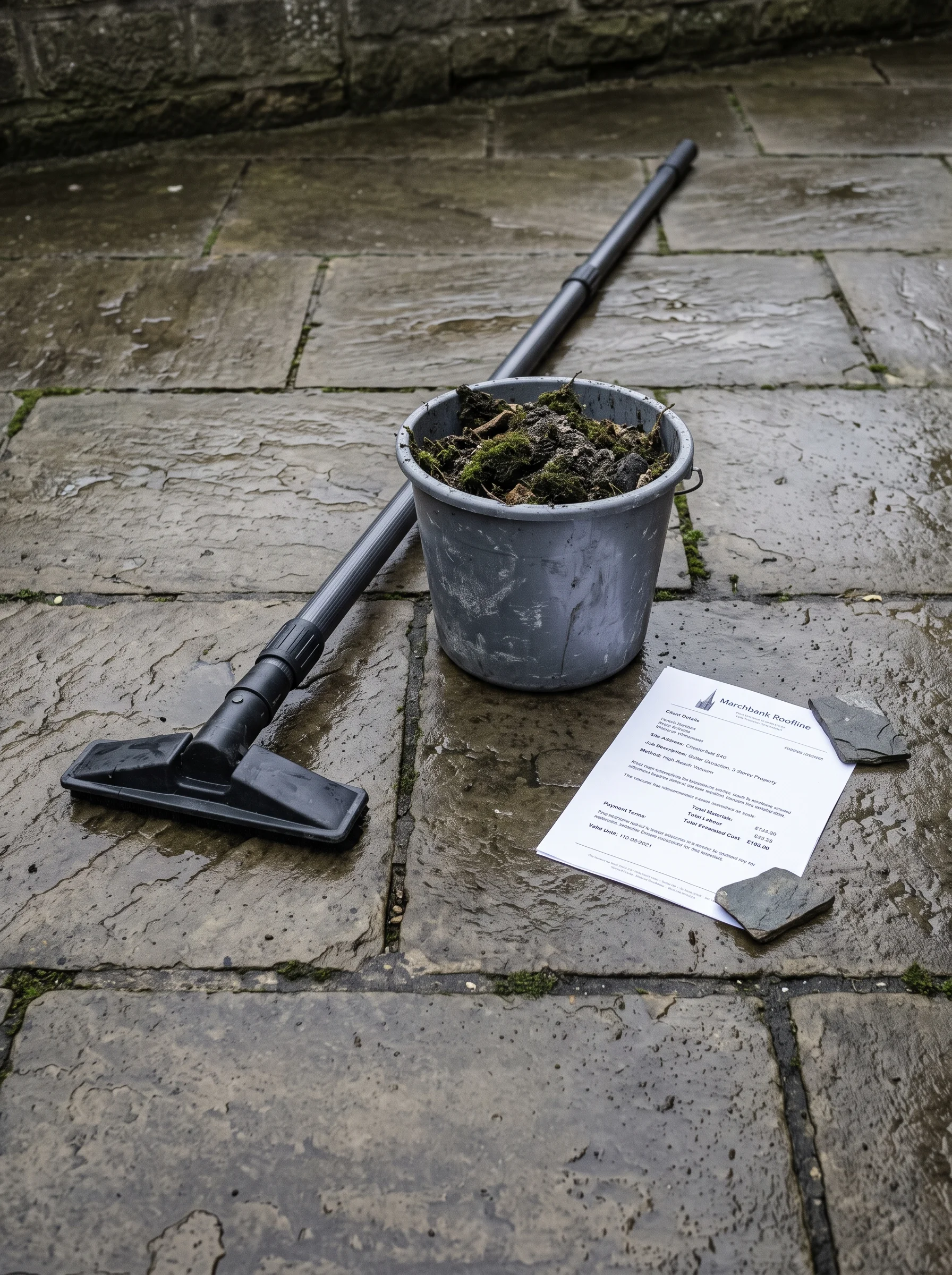 A carbon-fibre vacuum pole on wet flagstones beside a bucket of extracted moss and a printed quote sheet