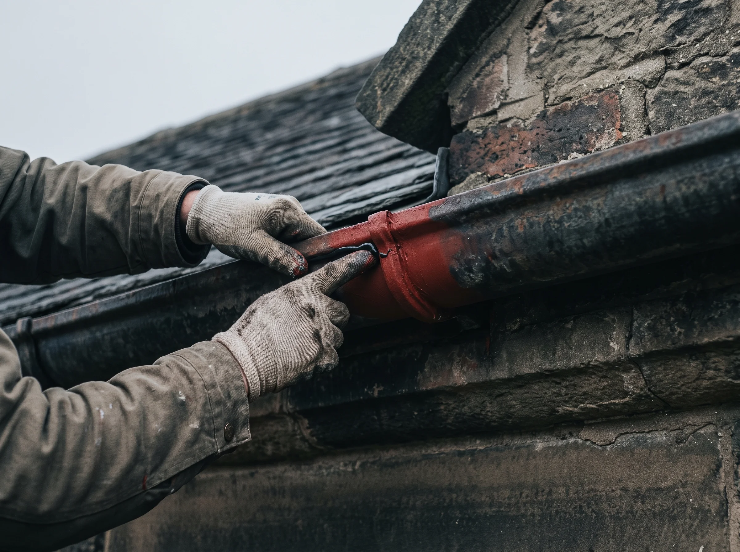 Gloved hands re-sealing a cast-iron gutter joint, red-oxide primer on the restored metal