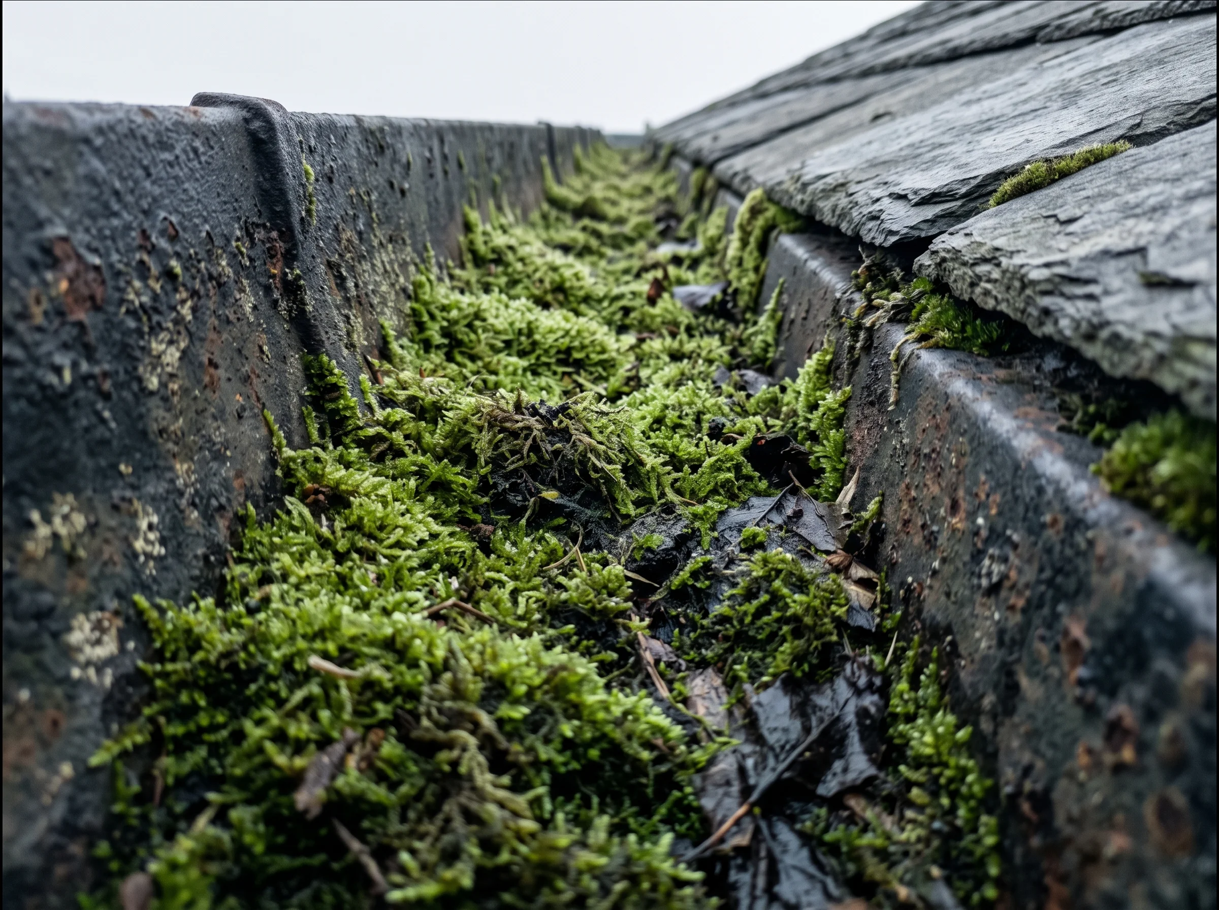 Pole-camera view along a cast-iron gutter choked with moss and standing water before clearing