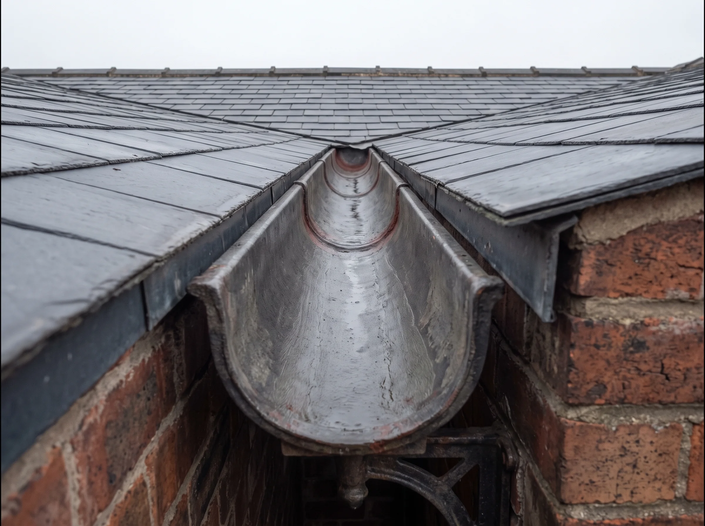 The same cast-iron gutter run cleared to a clean, dry channel after vacuum clearing
