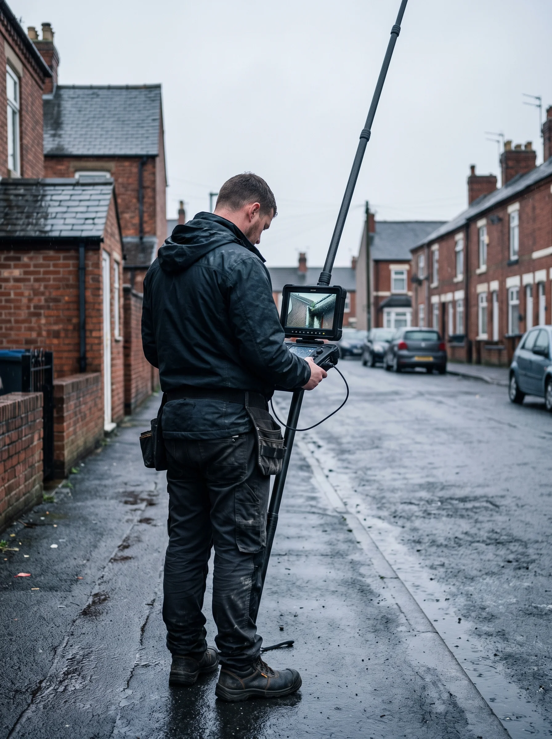 A tradesman seen from behind on a wet street, watching a pole-camera feed on a handheld monitor.